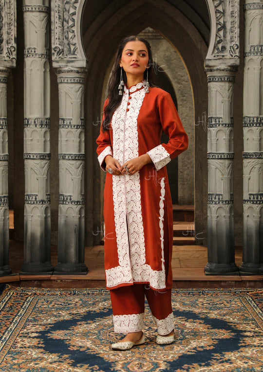Cream Yellow Coloured Woolen Kurti with Resham work for women